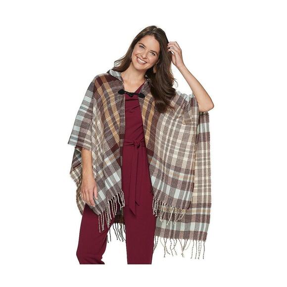 Style Collective‎ Poncho Ruana Cape Wrap Sweater Twill Plaid Hooded One Size New - Picture 4 of 7